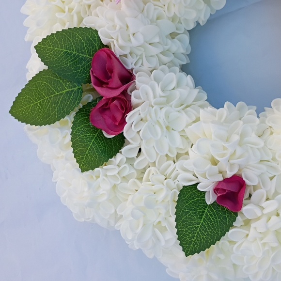 Simply Elegant White Floral Wreath with Rosetts Pink Pot A Dot Bow Handcrafted - Picture 7 of 9